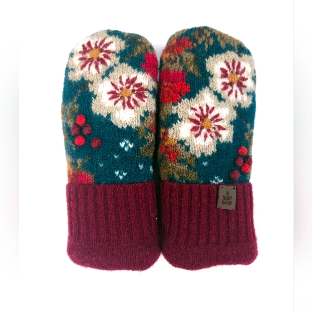 Upcycled Embroidered Teal and Burgundy Sweater Mittens Double Fleece Lined M